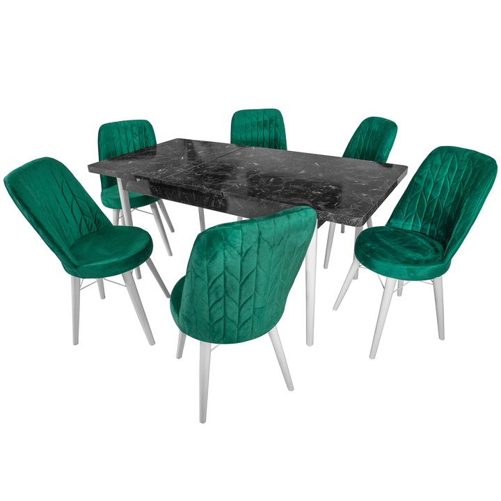 Set masa Napoli Black Marble cu 6 scaune Frankfurt verzi, DENVER, extensibila, picioare vopsite alb, 130x80x76 cm
