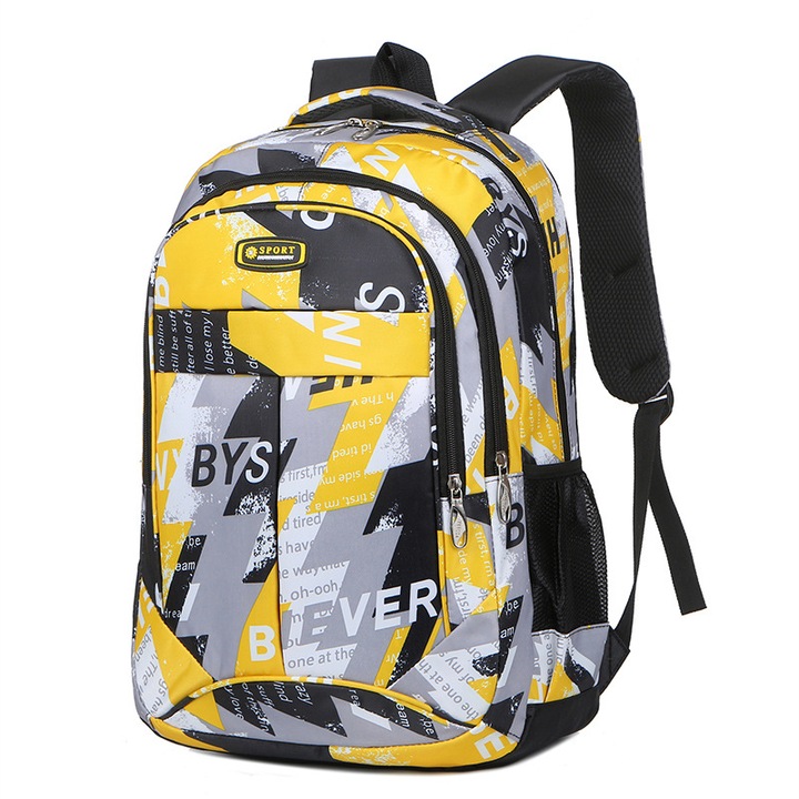 Iskolai hátizsák, mérete 30 x 13,5 x 46 cm, nagy kapacitású, vízálló anyagú, sárga feketével
