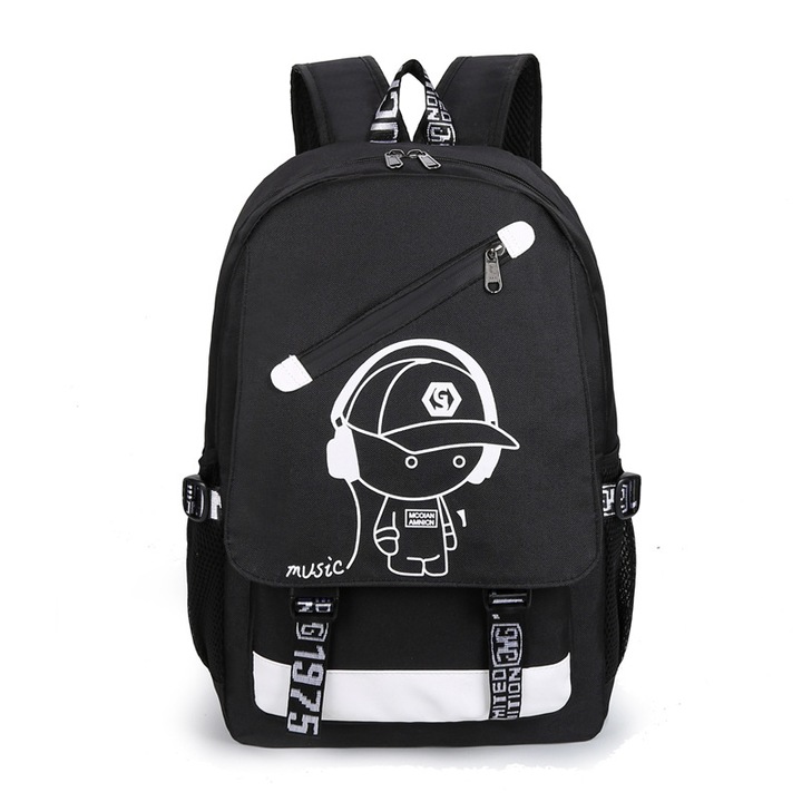 Rucsac pentru adolescenti, cu port USB, dimensiune 30 x 19 x 45 cm, negru