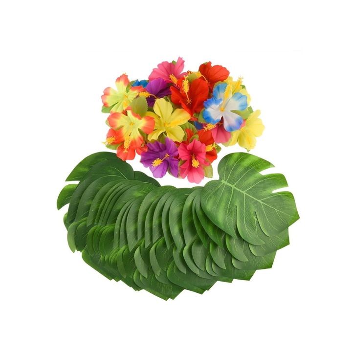 60 db dekoratív műnövény szett, KUUQA, Hibiszkusz levelek és virágok, többszínű