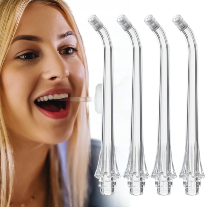 Set 4 Capete Irigator, Pentru Smiley Pro Aqua - Sensitive, Flux De Apa Presurizata, Curata Bine Spatiile Interdentare, Duza Ortodontica Pivotanta, Transparent