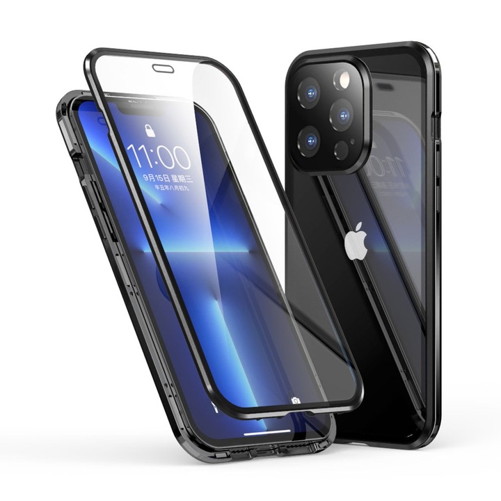 Husa pentru iPhone 15 Pro Max, 360 protection, full body, schelet metalic, protectie fata spate si camera, prindere magnetica, Sigloo, Black