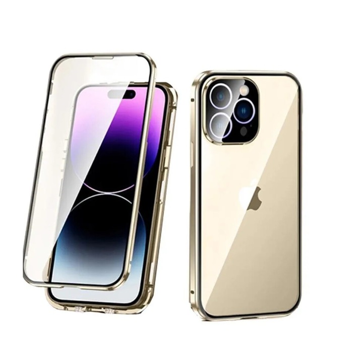 Husa pentru iPhone 14 Plus, 360 protection, full body, schelet metalic, protectie fata spate si camera, prindere magnetica, Sigloo, Gold