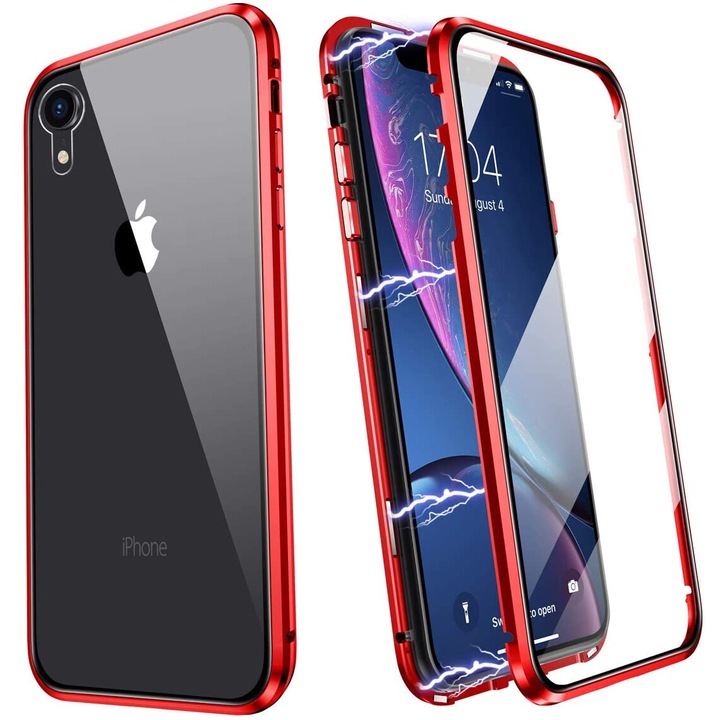 Husa pentru iPhone 14, 360 protection, full body, schelet metalic, protectie fata spate si camera, prindere magnetica, Sigloo, Red
