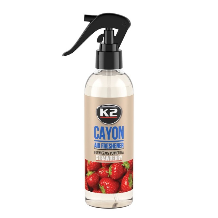 Prémium autós légfrissítő K2 CAYON STRAWBERRY aroma, permetezővel, 250ml, 700 alkalmazás