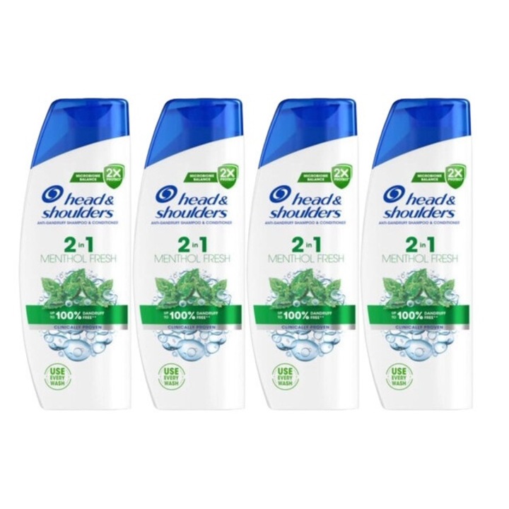 Set 4 x Head&shoulders sampon 330ml 2 in 1 menthol fresh, testat dermatologic, prospetime de lunga durata, delicat pentru scalp, non-toxic, eco-friendly, aspect stralucitor, previne iritatia pielii, pH echilibrat, curatare ultra-blanda