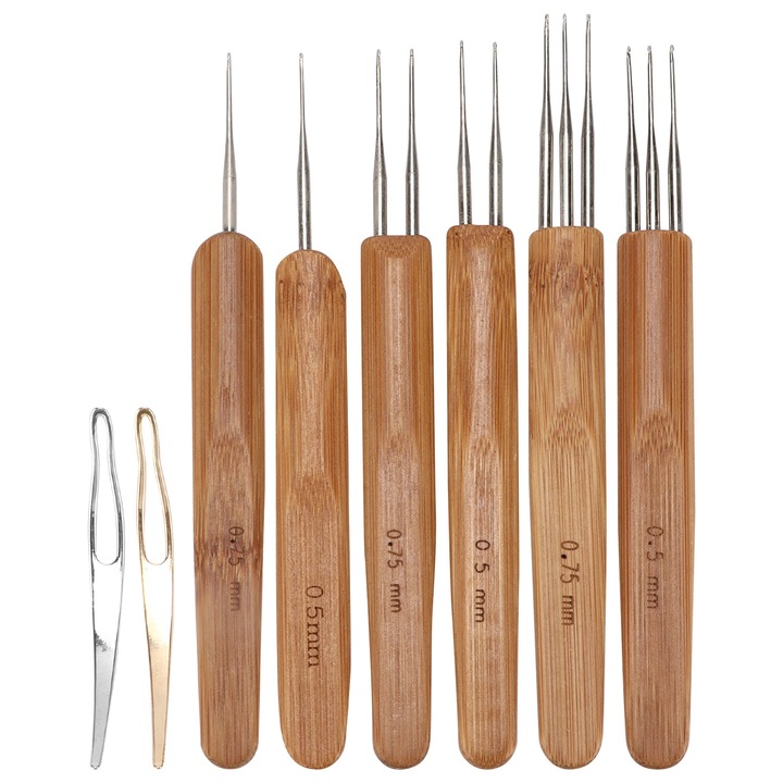 Комплект за плетене на една кука, QttvbTna, бамбук/неръждаема стомана, кафяво/злато/сребро