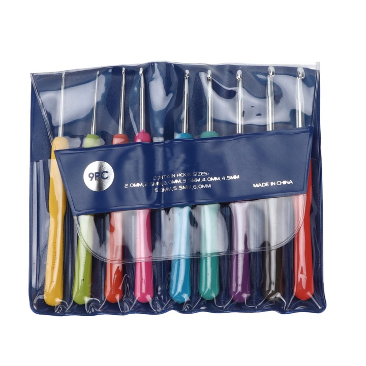 9 db-os alumínium horgolótű készlet TPR fogantyúval, 2,0 mm-6,0 mm méretek, többszínű