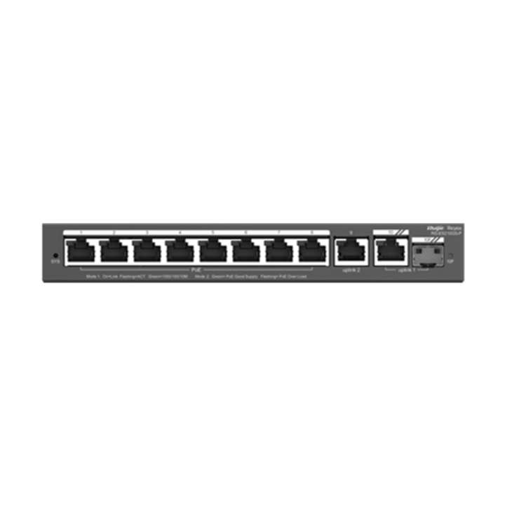 Комутатор 8 PoE+ порта, 2 GE порта, 1 SFP порт, Gigabit, облачно управление - Ruijie RG-ES210GS-P
