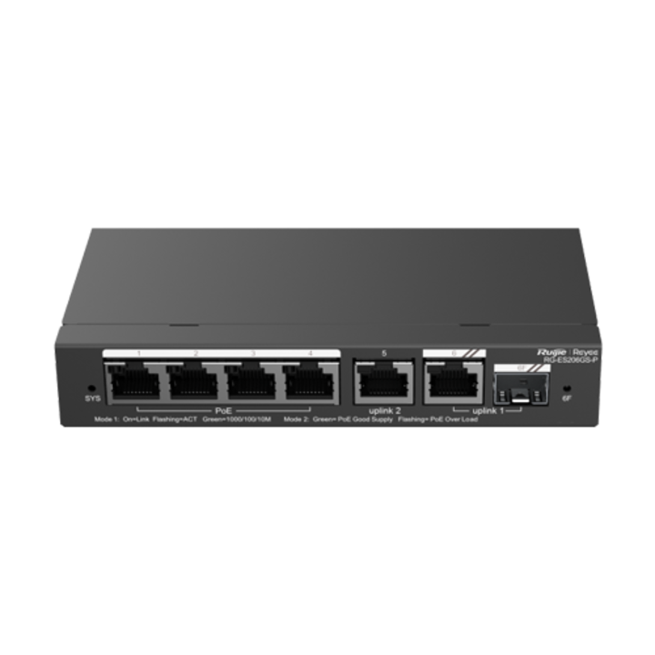 Комутатор 4 PoE+ порта, 2 GE порта, 1 SFP порт, Gigabit, облачно управление - Ruijie RG-ES206GS-P