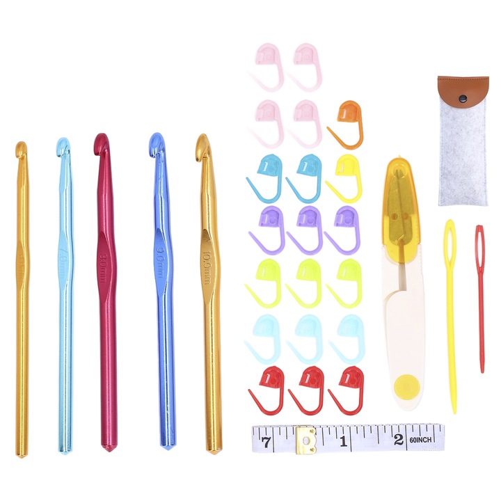 Set croseta Enforose, 5 crosete din aluminiu, marimi 6-10mm, accesorii inclusiv foarfece si ace plastice