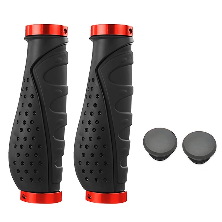 Set 2 mansoane ergonomice din cauciuc cu inel de aluminiu, Zola, diametru 22.2 mm, lungime 13.5 cm, capac PVC, negru/rosu