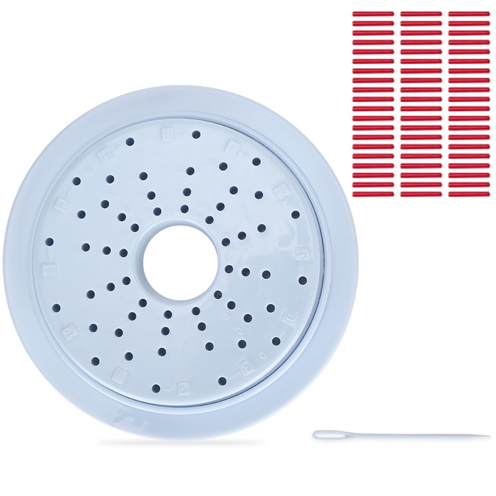 Set de razboi de tricotat rotund, Enforose, 14x11cm, 60 stalpi rosii, ac de cusut