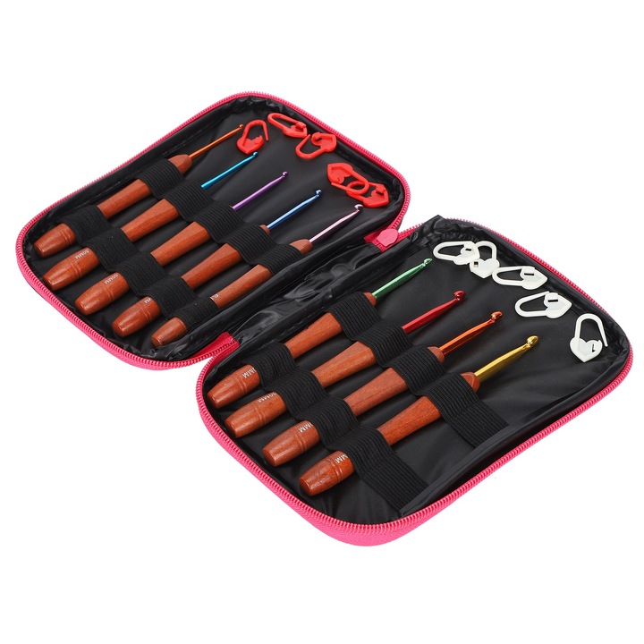 Set croseta Enforose, 9 ace din lemn si aliaj de aluminiu, 10 marcatori de cusaturi, dimensiuni 2.0-6.0mm, multicolor