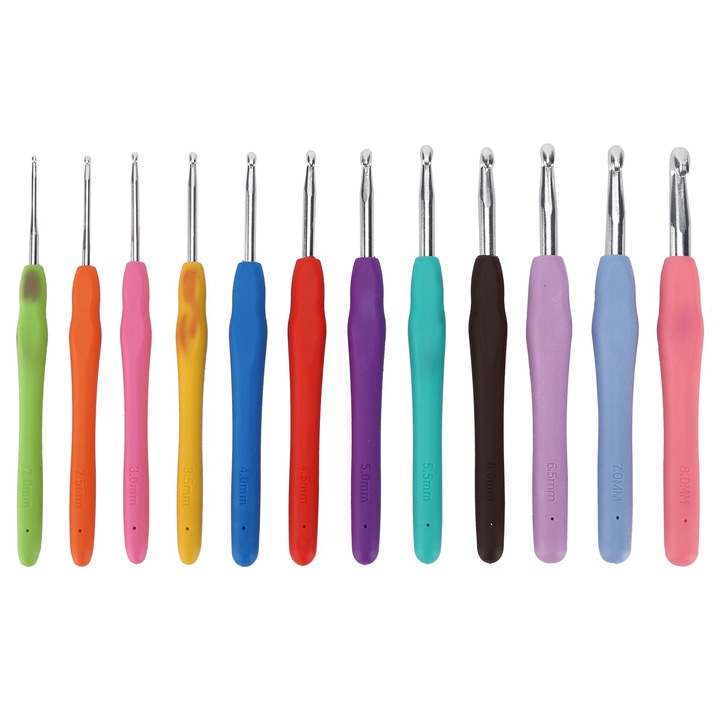 12 horgolótű készlet, Jormftte, gumi, kezdőknek és haladóknak, többszínű