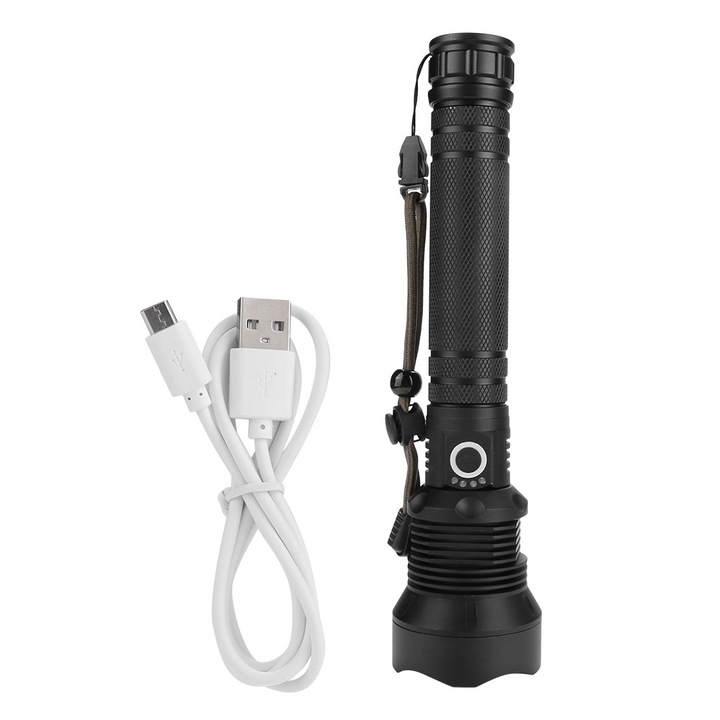 LED фенер с USB зареждане, Iongziming, алуминий, телескопично увеличение, 3 режима на светене, Черен, 24.8x6x3.3cm