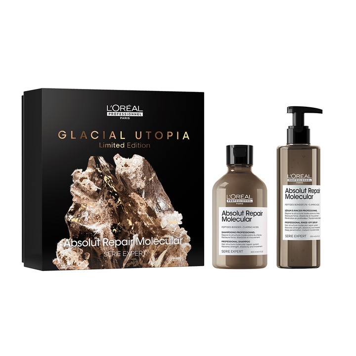 Професионален комплект за коса L'Oreal Professionnel Serie Expert Absolut Repair Molecular, За увредена коса, Формулиран с пептидни връзки и 5 аминокиселини, Възстановява макромолекулната структура на косъма, Шампоан 300 мл + Серум 250 мл