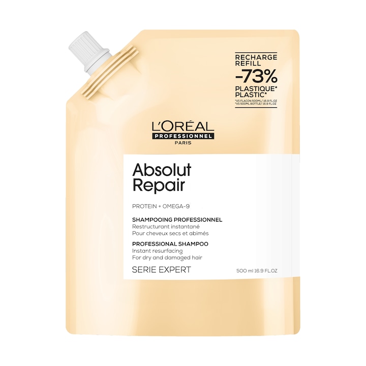 Шампоан резерва L'Oreal Professionnel Serie Expert Absolut Repair, За суха и увредена коса, С трици от златна киноа и пшенични протеини, 500 мл