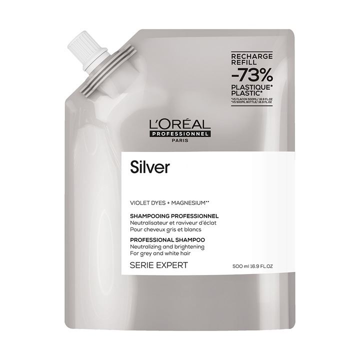 Rezerva sampon profesional, L’Oreal Professionnel Serie Expert Silver, pentru a neutraliza tonurile galbene nedorite, cu magneziu si agenti anti-ingalbenire, 500ml