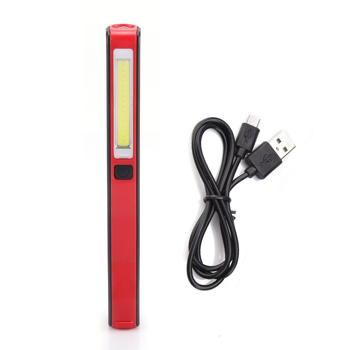 Фенер Jormftte, LED 200lm, USB презареждаем, с магнит, червен, 18x3.5x2cm