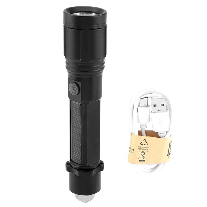 Jormftte LED lámpa, hordozható, napelem/USB töltés, 200m, 1000mAh, vízálló, vészhelyzeti kalapáccsal