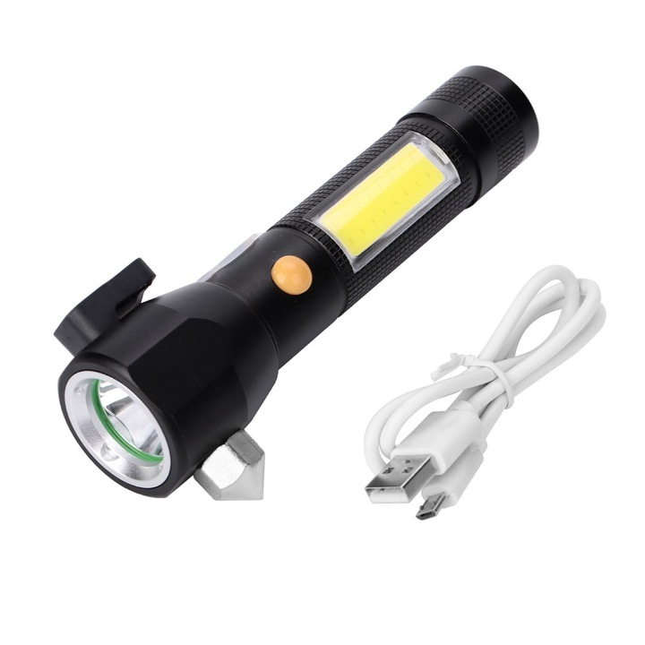 Jormftte többfunkciós lámpa, USB-vel, rozsdamentes acél kalapáccsal, fekete, 14,1 cm