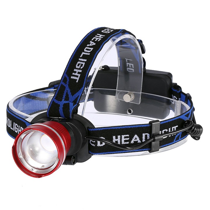 Jormftte LED zseblámpa, 10W, 100-200m, fekete/piros/kék, 2 db 18650-es akkumulátorral működik