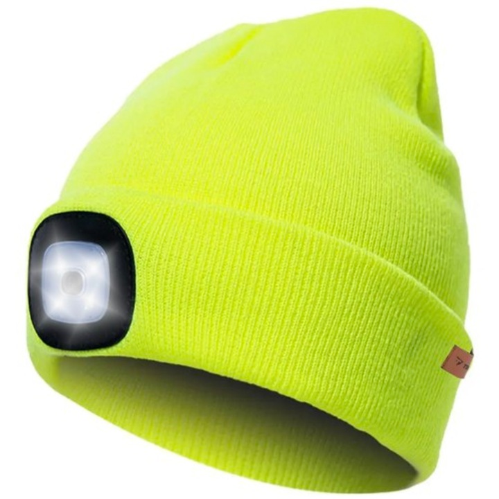 Caciula sport cu lanterna, Trizand, galben neon, dimensiune universala, 3 moduri de iluminare
