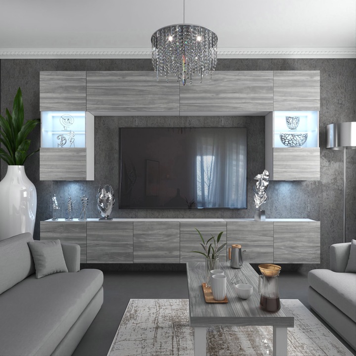 Set Mobila Living Belini Milano, PAL Eco Wood Gri/Alb, 7 Dulapuri, 10 Usi, 2 Rafturi