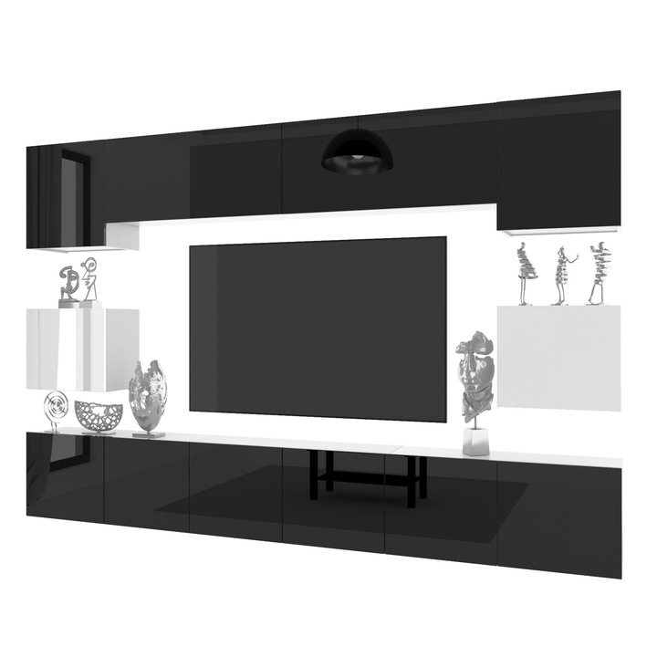 Unitate de perete MIL 3 Mobilier living Suport TV Alb-Negru lucios Belini