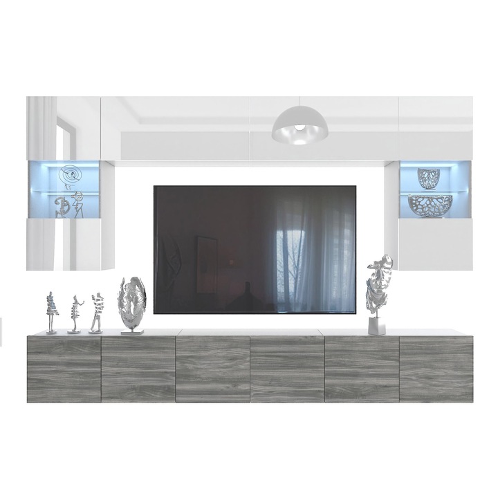 Set Mobila Living Belini Milano, Aspect Lucios, Eco Wood, Alb/Gri, 7 Dulapuri