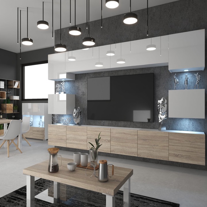 Set Mobila Living Belini Milano, PAL Eco Wood, Lucios, Alb/Sonoma, 9 Dulapuri