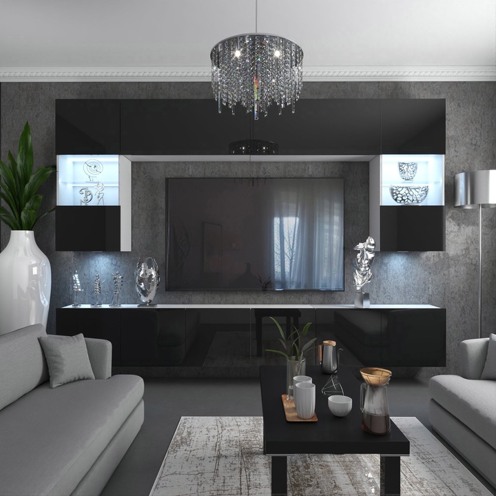 Set mobila living Belini Milano, 7 dulapuri, 10 usi, negru, aspect lucios