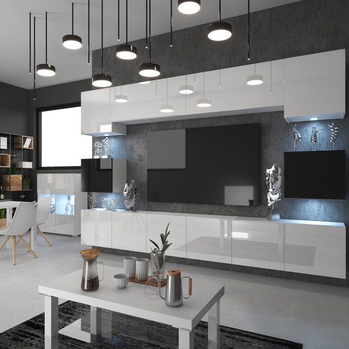 Set mobila living Belini Milano, alb, 9 dulapuri, 12 usi, 2 rafturi, aspect lucios