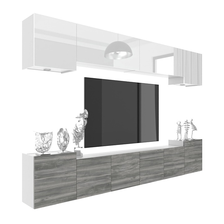 Unitate de perete MIL 4 Mobilier living Suport TV White-Glamour Wood lucios Belini