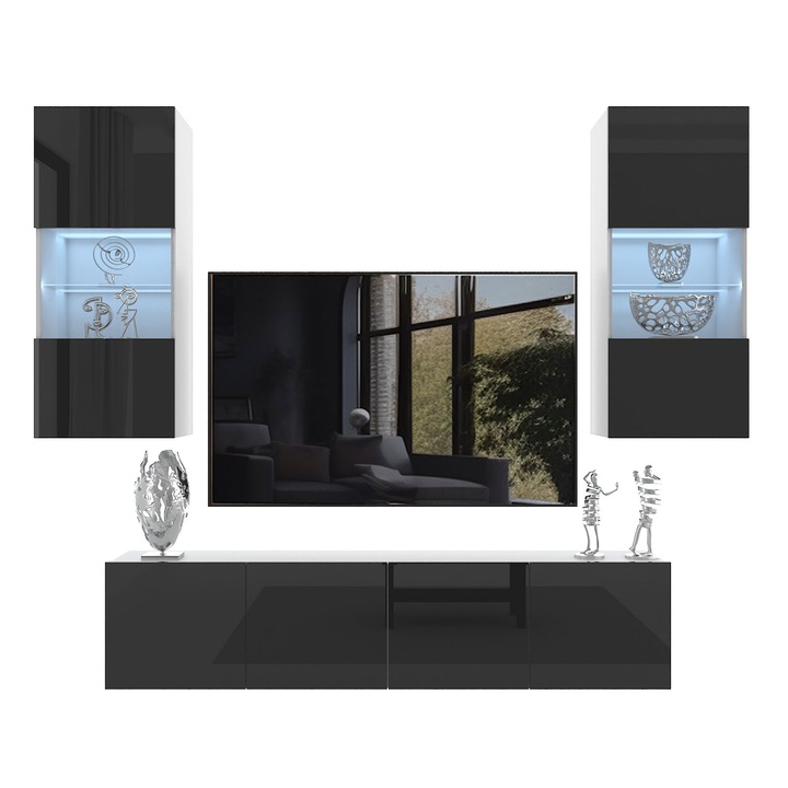 Set mobila living Belini Milano, 4 dulapuri, 6 usi, negru, aspect lucios