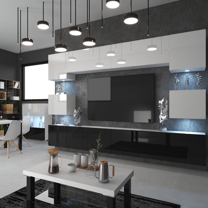 Set mobila living Belini Milano, alb/negru, 9 dulapuri, 12 usi, 2 rafturi, aspect lucios