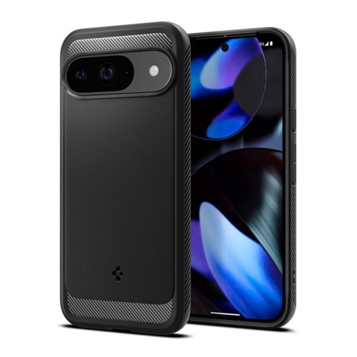 Spigen rugged armor szilikon mobiltelefon tok, ütésállóság, légpárnás sarok, karbon minta, fekete, kompatibilis: Google Pixel 9 Pro / Pixel 9