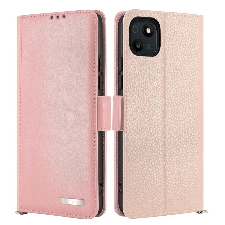 Felhajtható védőtok Wiko T10 5G Lairtte készülékhez, PU/TPU bőr, rózsaszín/bézs, 6,5 hüvelykes