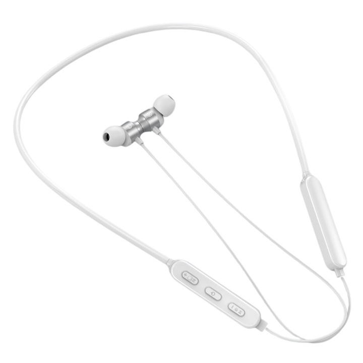 Casti In-Ear, Bluetooth 5.1, Functie Magnetica, Montate pe Gat, Cablu Rotund, Casti Sport, Alb