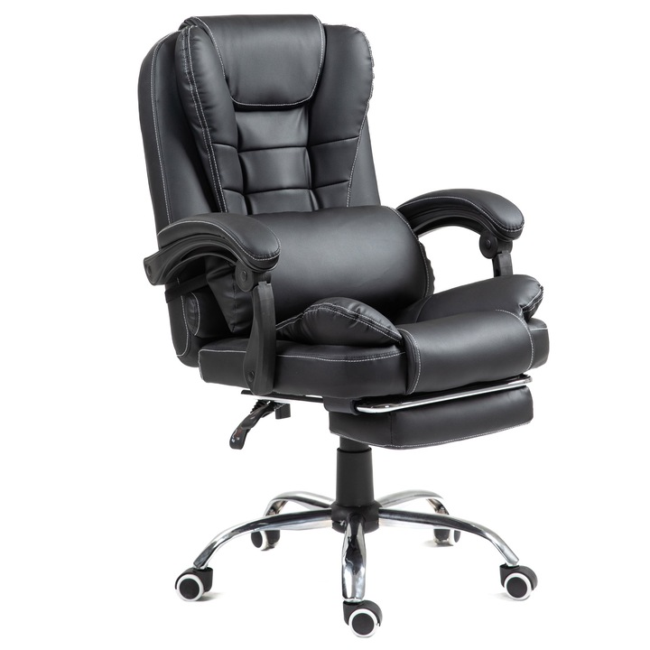 Scaun de birou Mini Brandon-Max Negru, Piele, Functie "Sezlong", Perna reglabila detasabila, Extensie membre inferioare