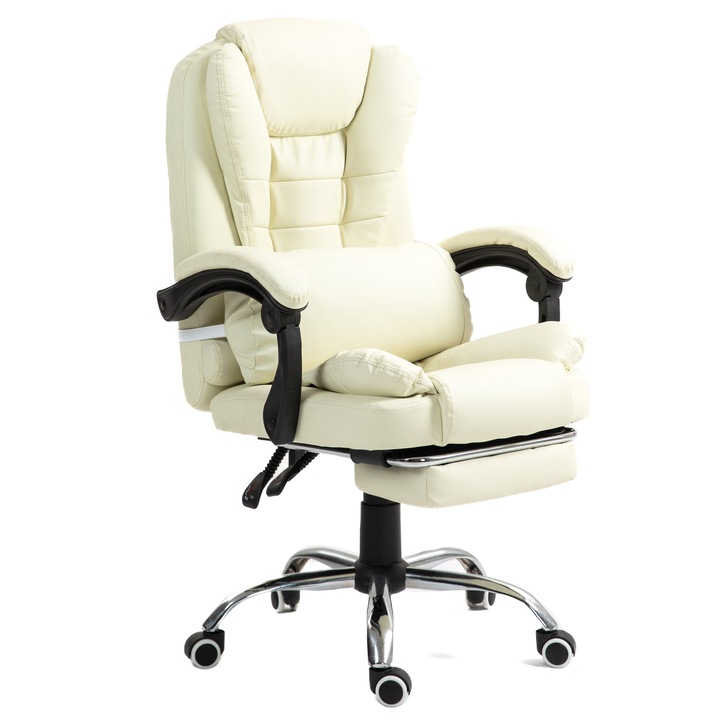 Офис стол Mobplayers, Mini Brandon-Max, Крем, функция за шезлонг, подвижна регулируема възглавница, удължение за крака