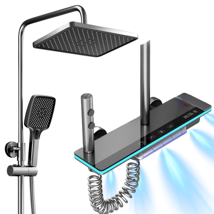 Душ комплект с LED осветление и дигитален дисплей за температурата, VisionHub колона с термостат и вграден електрогенератор, монтаж на стена, 4 функции за воден поток, регулируем душ, фиксиран душ тип дъждовен душ, душ биде, кран, Графит