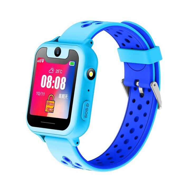 Ceas Inteligent pentru Copii, Smartwatch, cu GPS prin LBS si Functie Telefon, Display Touchsreen Color, Lanterna, Buton SOS, Camera Foto, Perimetru Siguranta, Notificare pe Telefon, Monitorizare pentru Copil, Albastru