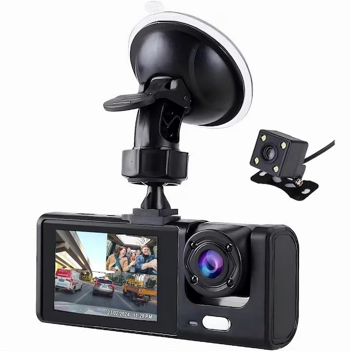 Тройна бордова видеокамера за кола, WIFI, Full HD 1080P, 3 лещи, 170° ъгъл на запис, IPS дисплей 2", Супер нощно виждане, автоматичен цикъл на запис, G-сензор, Dare4U, 4K, Тахограф, предна камера, задна камера , вътрешна стая