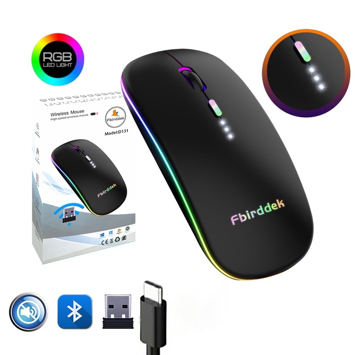 Egér Wireless Fbirddek D131 Bluetooth és 2,4 GHZ, 7 szín LED-ekkel, 4 gomb, Csendes, Az akkumulátor töltöttségi szintje látható, USB-C, PC Mac laptophoz, 500 mAh, Fekete