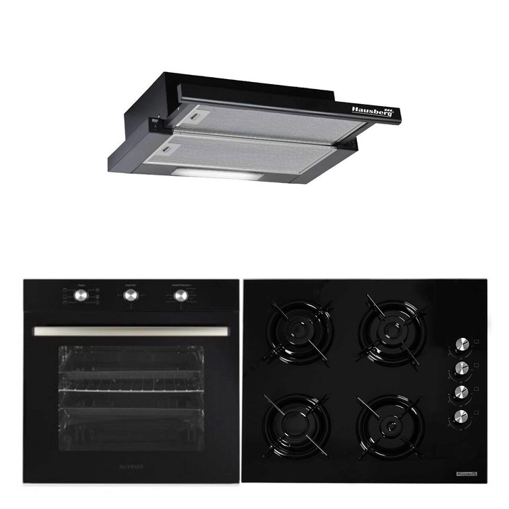 Pachet cuptor incorporabil HAUSBERG HB-8053NG, Electric, 2225 W, 71 l, 6 Functii, Ventilatie, Timer, Clasa A, Plita Incorporabila HB563NG, 4 arzatoare, Gaz, Sticla, Negru, Hota incorporabila telescopica HB1285NG, Putere de absorbtie 420 m3/h, 2 motoare