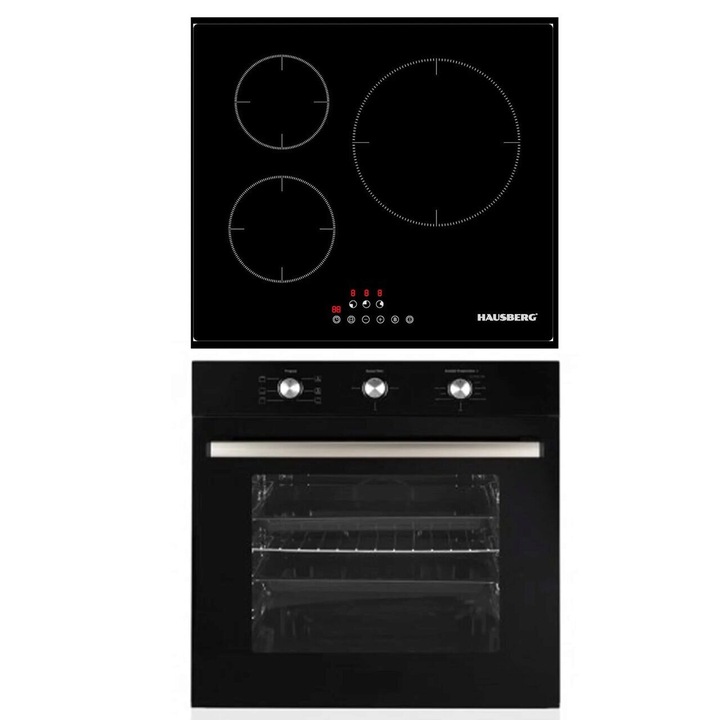 Комплект за вграждане Hausberg HB-8053NG Фурна, Електрическа, Мощност 2225 W, 71 л, 6 Функции, Вентилация, Таймер, Клас А, Котлон за вграждане Hausberg HB1530, Електрическа, Индукционна, 3 зони за готвене, PowerBoost, 60 см, Черен