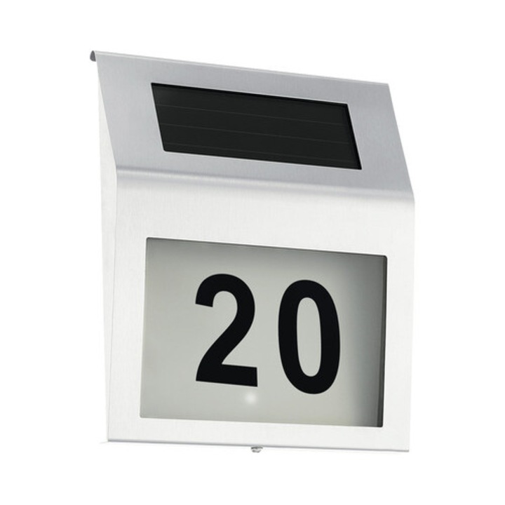 Numar Casa eBA® cu Panou solar, iluminare 2 Led-uri, aprindere automata, otel, 18 x 20 x 3 cm