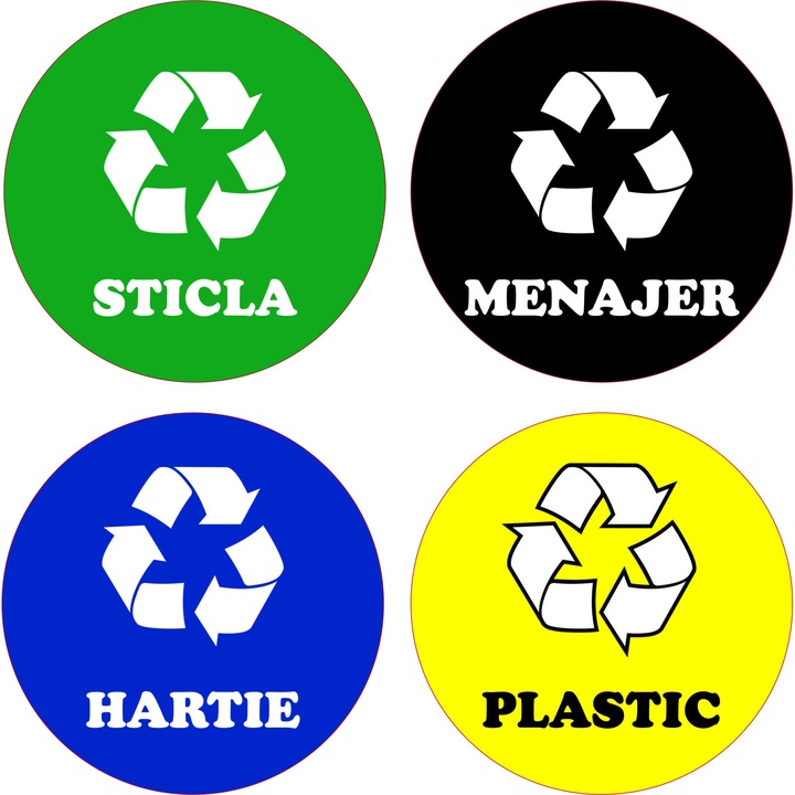 Set semne adezive pentru reciclare selectiva, decupate dupa contur, diametru 10 cm